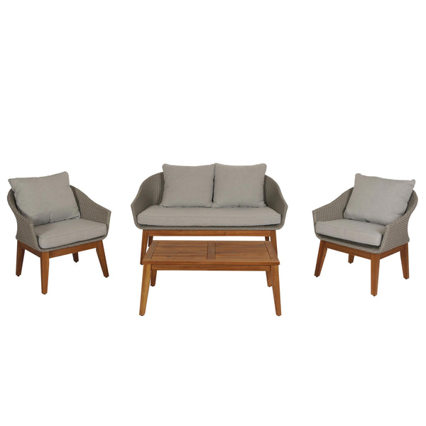 Garten Lounge Set aus Poly-Rattan & Akazienholz grau, inkl, Kissen