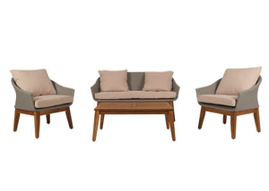 Garten Lounge Set aus Poly-Rattan & Akazienholz, grau-beige