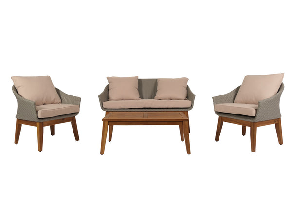 Garten Lounge Set aus Poly-Rattan & Akazienholz, grau-beige