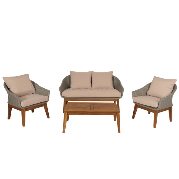 Garten Lounge Set aus Poly-Rattan & Akazienholz, grau-beige