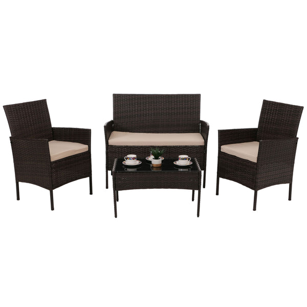 Poly-Rattan Garten Lounge-Set braun mit Kissen creme, Metallgestell