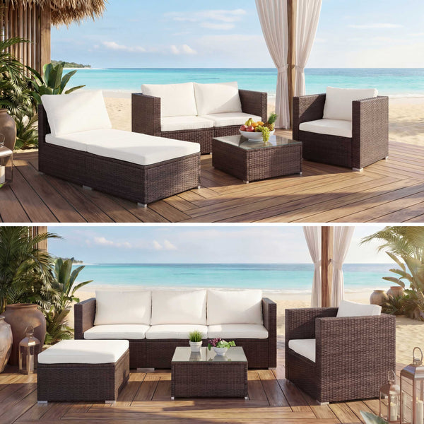 Poly-Rattan Lounge Sitzgruppe in Braun mit Creme Kissen für Garten