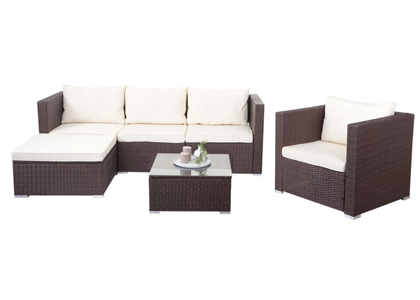 Poly-Rattan Lounge Sitzgruppe in Braun mit Creme Kissen für Garten