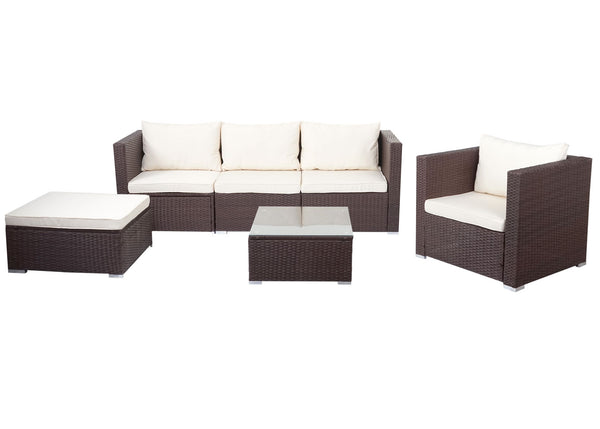 Poly-Rattan Lounge Sitzgruppe in Braun mit Creme Kissen für Garten