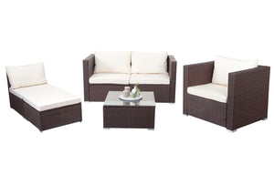 Poly-Rattan Lounge Sitzgruppe in Braun mit Creme Kissen für Garten