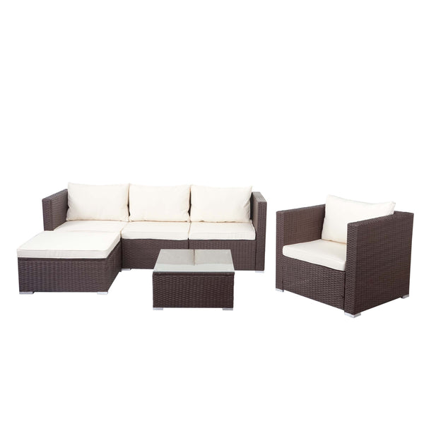Poly-Rattan Lounge Sitzgruppe in Braun mit Creme Kissen für Garten