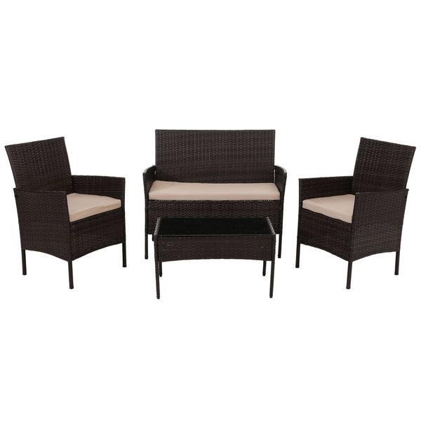 Poly-Rattan Garten Lounge-Set braun mit Kissen creme, Metallgestell