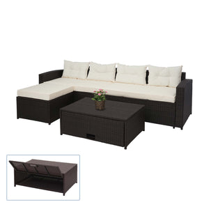 Poly-Rattan Lounge Set braun mit Stauraum & creme Kissen
