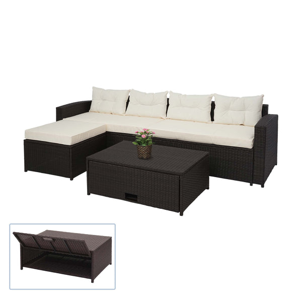 Poly-Rattan Lounge Set braun mit Stauraum & creme Kissen