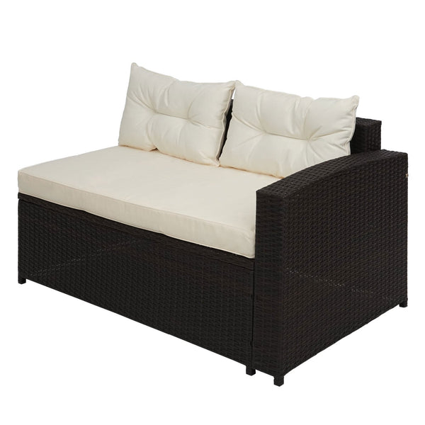 Poly-Rattan Lounge Set braun mit Stauraum & creme Kissen