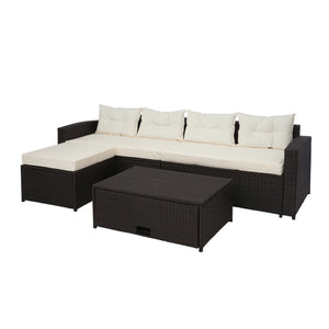Poly-Rattan Lounge Set braun mit Stauraum & creme Kissen