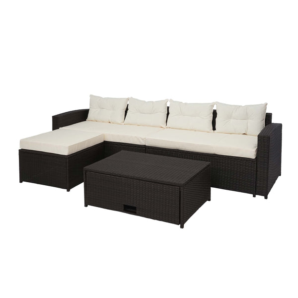 Poly-Rattan Lounge Set braun mit Stauraum & creme Kissen