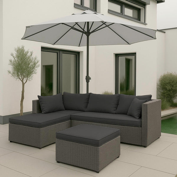 Gartenlounge Set aus Polyrattan grau mit dunkelgrauen Polstern