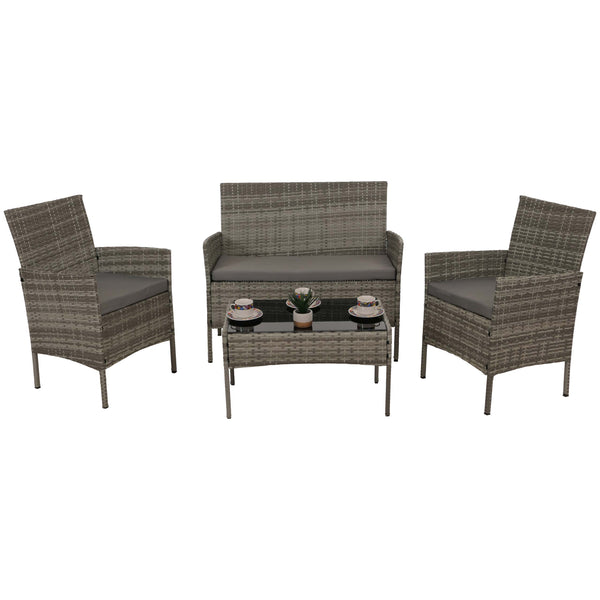Poly-Rattan Garten-Lounge Set grau mit Glastisch & Kissen