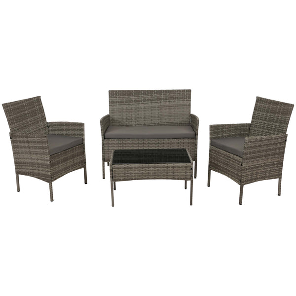 Poly-Rattan Garten-Lounge Set grau mit Glastisch & Kissen