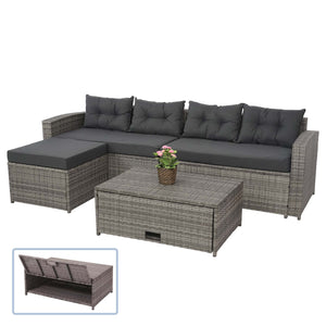 Poly-Rattan Lounge-Set grau, Gartensofa mit Staufach & Kissen