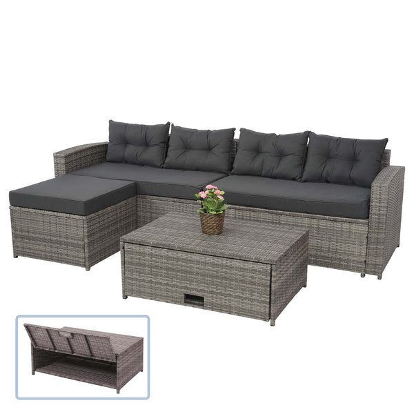 Poly-Rattan Lounge-Set grau, Gartensofa mit Staufach & Kissen