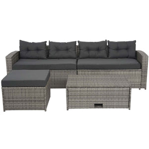 Poly-Rattan Lounge-Set grau, Gartensofa mit Staufach & Kissen
