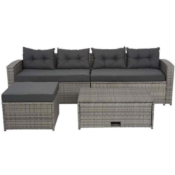 Poly-Rattan Lounge-Set grau, Gartensofa mit Staufach & Kissen