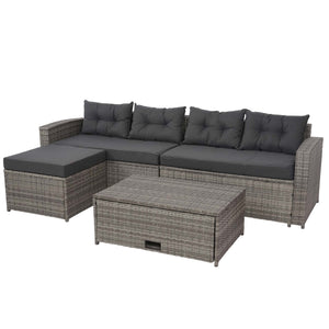Poly-Rattan Lounge-Set grau, Gartensofa mit Staufach & Kissen