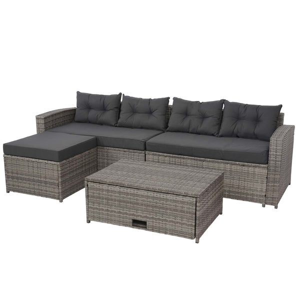 Poly-Rattan Lounge-Set grau, Gartensofa mit Staufach & Kissen