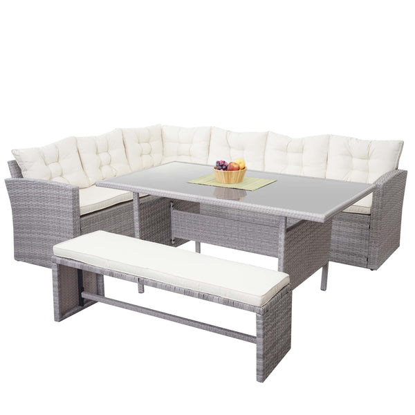 Garten Lounge Sitzgruppe aus Poly-Rattan, hellgrau mit Kissen