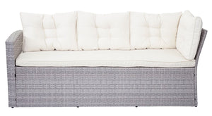 Garten Lounge Sitzgruppe aus Poly-Rattan, hellgrau mit Kissen