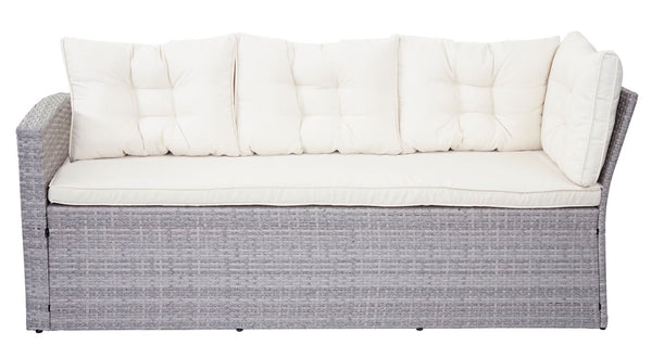 Garten Lounge Sitzgruppe aus Poly-Rattan, hellgrau mit Kissen