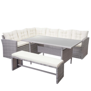 Garten Lounge Sitzgruppe aus Poly-Rattan, hellgrau mit Kissen
