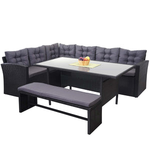 Garten-Lounge-Set aus Polyrattan, schwarz mit Bank & Kissen