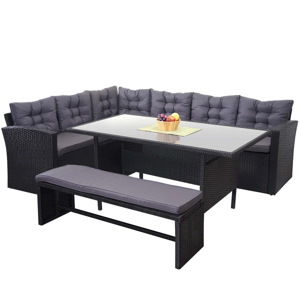 Garten-Lounge-Set aus Polyrattan, schwarz mit Bank & Kissen