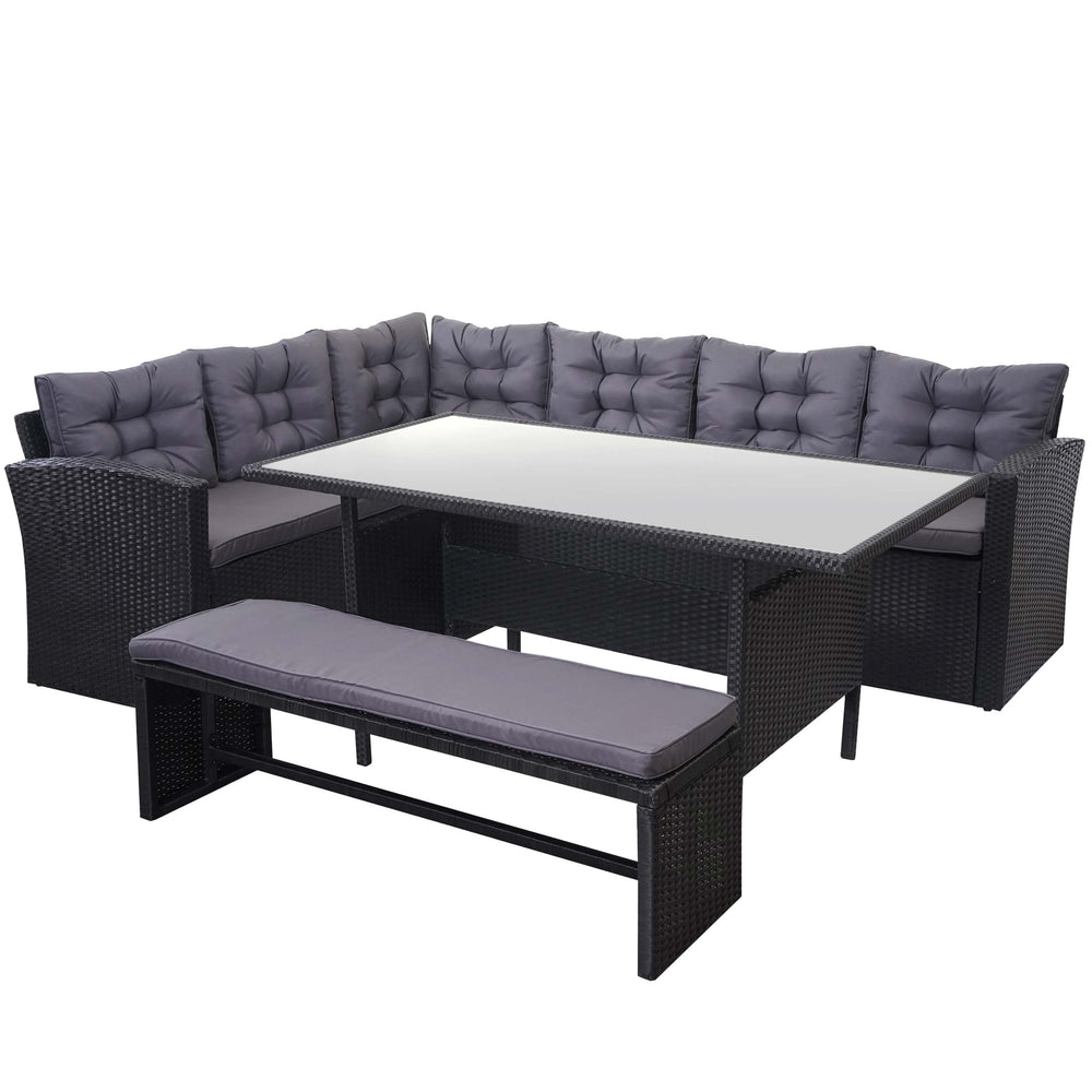 Garten-Lounge-Set aus Polyrattan, schwarz mit Bank & Kissen