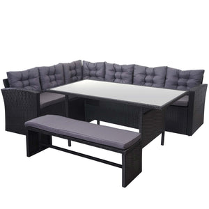 Garten-Lounge-Set aus Polyrattan, schwarz mit Bank & Kissen