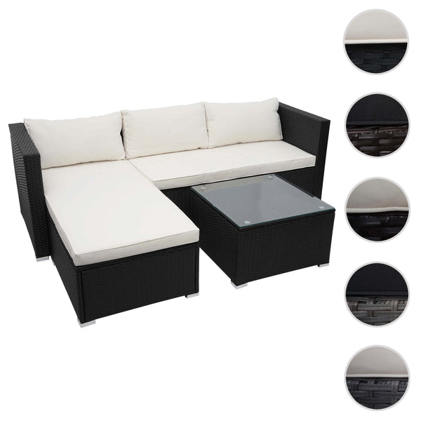 Poly-Rattan Lounge-Set schwarz mit creme Kissen für Garten & Balkon