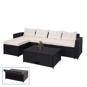 Poly-Rattan Gartenlounge Set mit Staufach, Schwarz, Kissen Creme