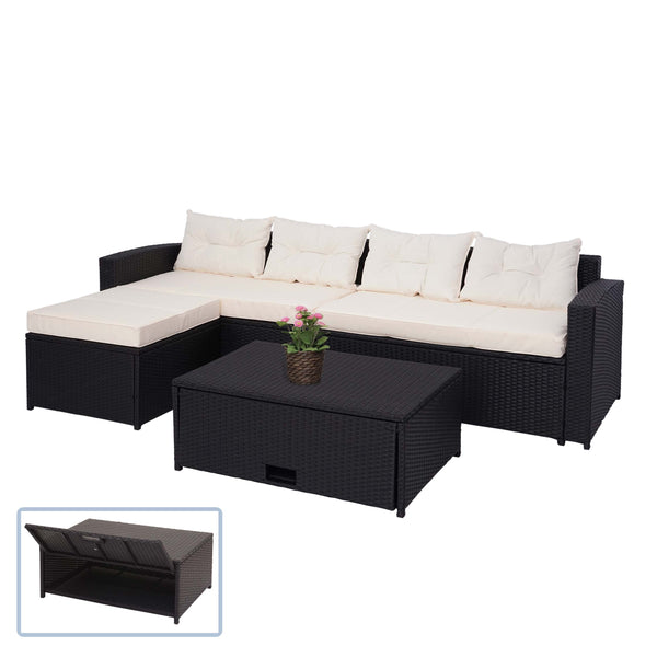 Poly-Rattan Gartenlounge Set mit Staufach, Schwarz, Kissen Creme