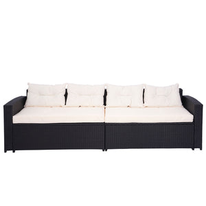 Poly-Rattan Gartenlounge Set mit Staufach, Schwarz, Kissen Creme