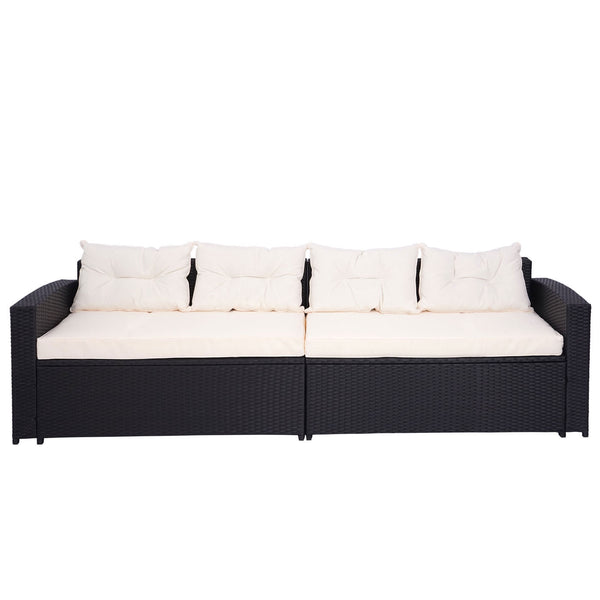 Poly-Rattan Gartenlounge Set mit Staufach, Schwarz, Kissen Creme