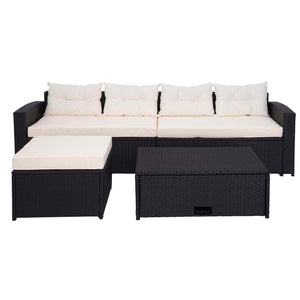 Poly-Rattan Gartenlounge Set mit Staufach, Schwarz, Kissen Creme