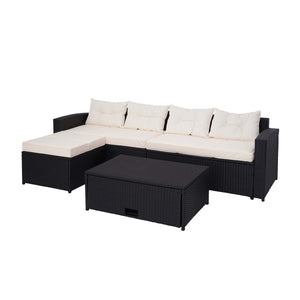Poly-Rattan Gartenlounge Set mit Staufach, Schwarz, Kissen Creme