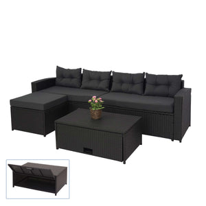 Poly-Rattan Loungeset schwarz mit Staufach & dunkelgrauen Kissen
