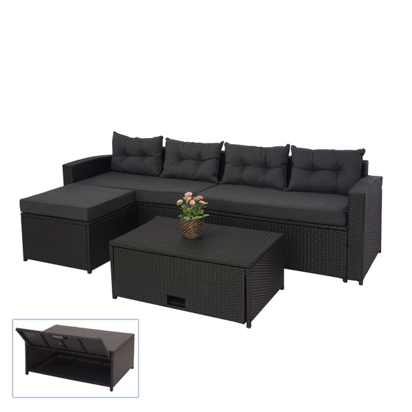 Poly-Rattan Loungeset schwarz mit Staufach & dunkelgrauen Kissen