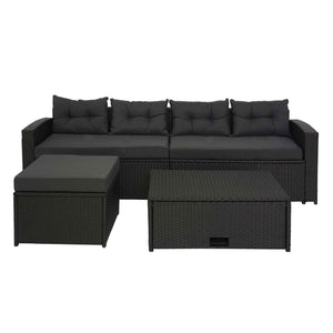 Poly-Rattan Loungeset schwarz mit Staufach & dunkelgrauen Kissen