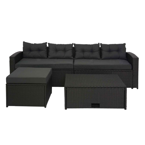 Poly-Rattan Loungeset schwarz mit Staufach & dunkelgrauen Kissen