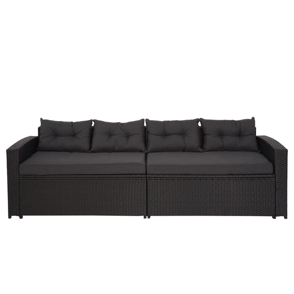 Poly-Rattan Loungeset schwarz mit Staufach & dunkelgrauen Kissen