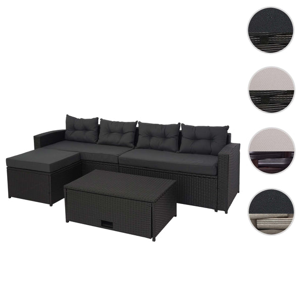 Poly-Rattan Loungeset schwarz mit Staufach & dunkelgrauen Kissen
