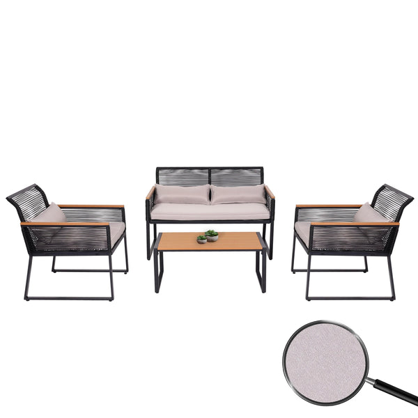 Gartenlounge Set Sofa Seilgeflecht mit Polster hellgrau
