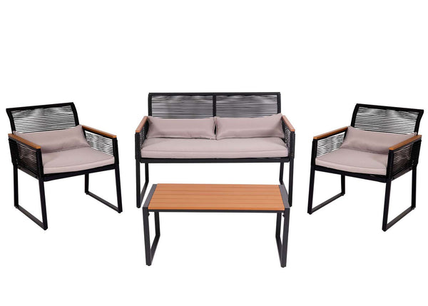 Gartenlounge Set Sofa Seilgeflecht mit Polster hellgrau