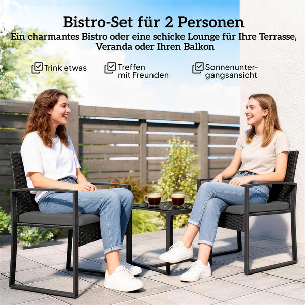 Gartenmöbel Set Rattan 3-teilig mit Stühlen und Tisch dunkelgrau