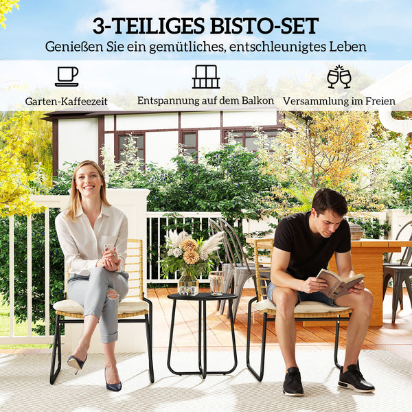 Gartenmöbel Set Rattan mit 2 Stühlen 1 Tisch und Sitzkissen beige braun